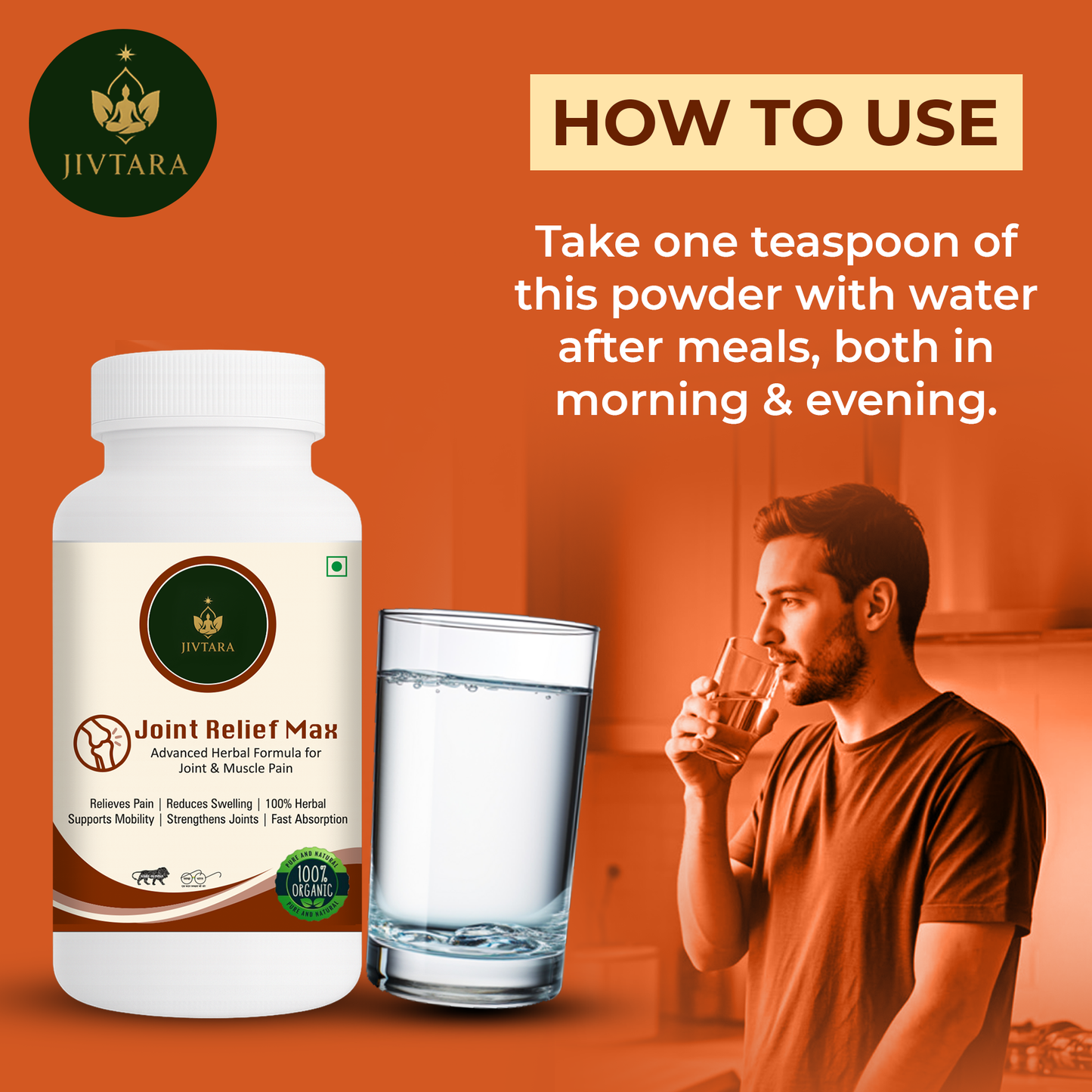 Jivtara Joint Relief Max – Ayurvedic Pain Relief Powder for Joint Pain, Stiffness & Inflammation | Natural Support for Bone Strength, Flexibility & Mobility | Herbal Formula for Men & Women
