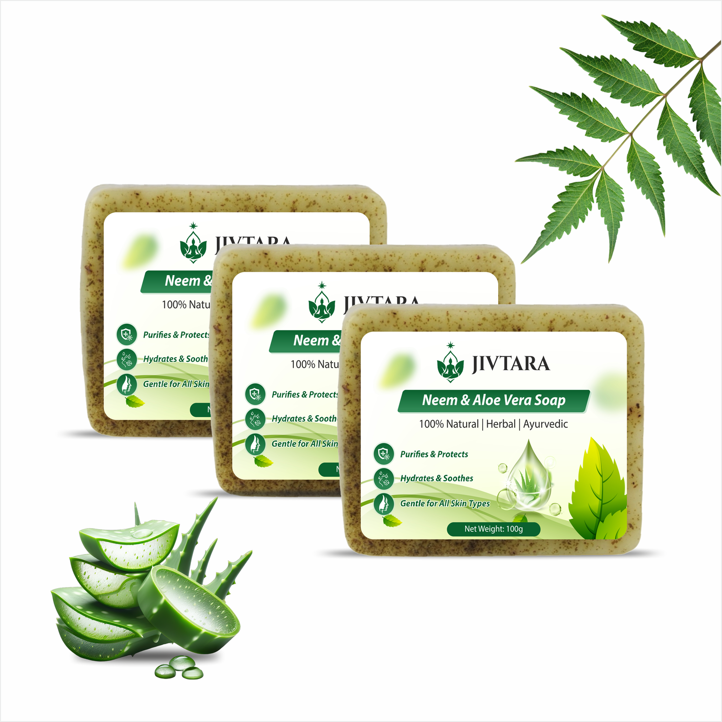 JIVTARA Neem & Aloe Vera Ayurvedic Soap – Natural Herbal Bathing Bar for Clear, Healthy & Hydrated Skin – 100g (Pack of 3) | Sulphate-Free, Paraben-Free, Gentle for All Skin Types