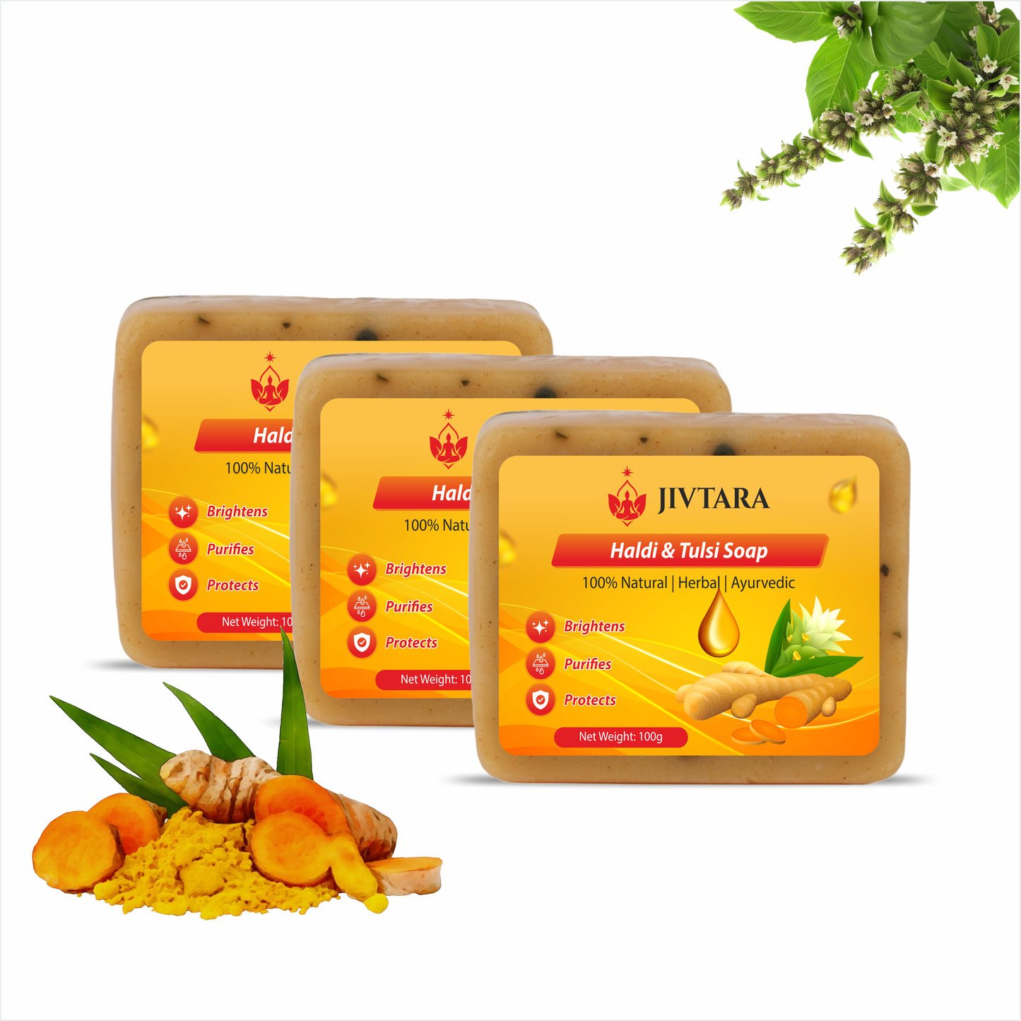 JIVTARA Haldi Tulsi Ayurvedic Bath Soap | Herbal Soap for Glowing Skin, Pimples & Tan Removal | Natural Turmeric & Holy Basil Soap Bar | Gentle Daily Face & Body Cleanser | Sulphate & Paraben Free