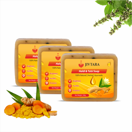JIVTARA Haldi Tulsi Ayurvedic Bath Soap | Herbal Soap for Glowing Skin, Pimples & Tan Removal | Natural Turmeric & Holy Basil Soap Bar | Gentle Daily Face & Body Cleanser | Sulphate & Paraben Free