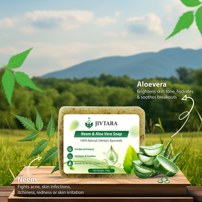JIVTARA Neem & Aloe Vera Ayurvedic Soap – Natural Herbal Bathing Bar for Clear, Healthy & Hydrated Skin – 100g (Pack of 3) | Sulphate-Free, Paraben-Free, Gentle for All Skin Types