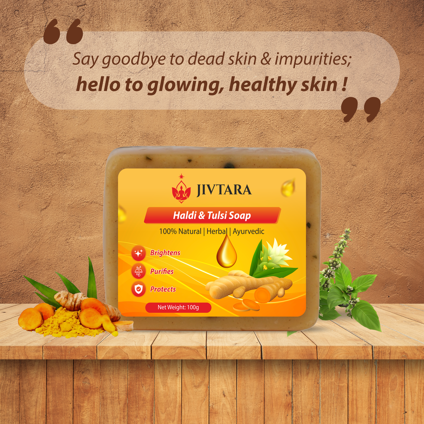 JIVTARA Haldi Tulsi Ayurvedic Bath Soap | Herbal Soap for Glowing Skin, Pimples & Tan Removal | Natural Turmeric & Holy Basil Soap Bar | Gentle Daily Face & Body Cleanser | Sulphate & Paraben Free