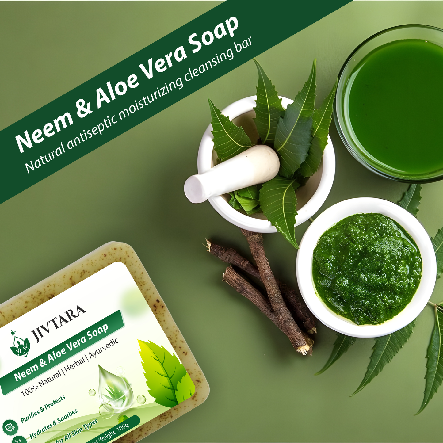 JIVTARA Neem & Aloe Vera Ayurvedic Soap – Natural Herbal Bathing Bar for Clear, Healthy & Hydrated Skin – 100g (Pack of 3) | Sulphate-Free, Paraben-Free, Gentle for All Skin Types