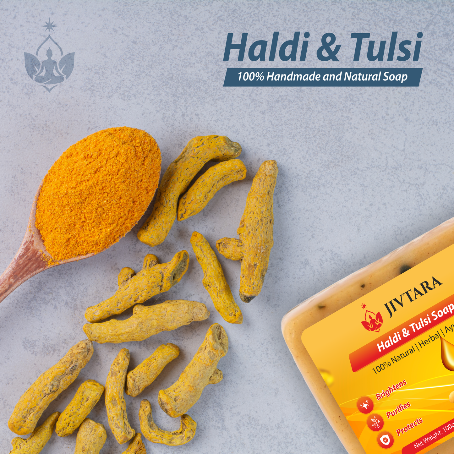 JIVTARA Haldi Tulsi Ayurvedic Bath Soap | Herbal Soap for Glowing Skin, Pimples & Tan Removal | Natural Turmeric & Holy Basil Soap Bar | Gentle Daily Face & Body Cleanser | Sulphate & Paraben Free