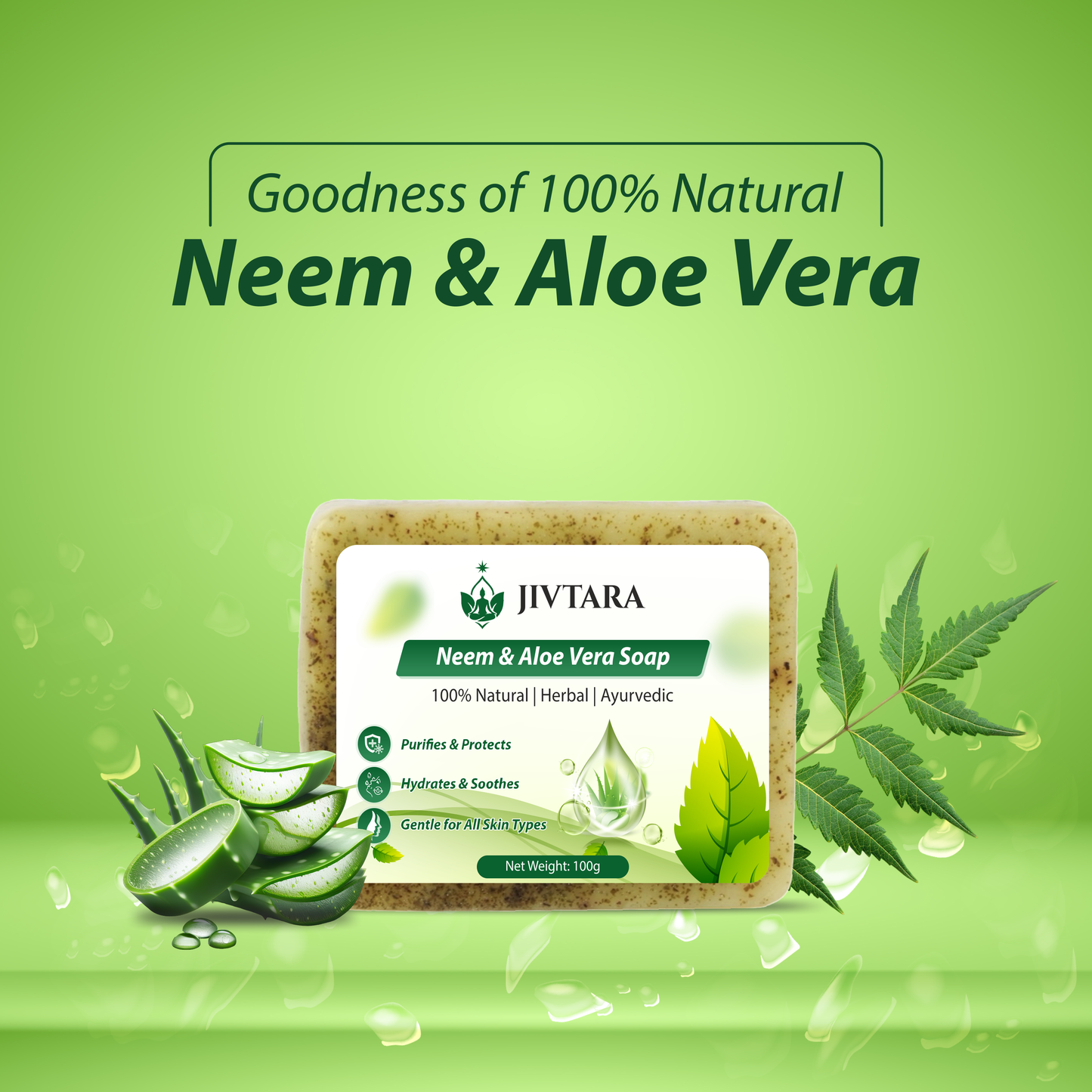 JIVTARA Neem & Aloe Vera Ayurvedic Soap – Natural Herbal Bathing Bar for Clear, Healthy & Hydrated Skin – 100g (Pack of 3) | Sulphate-Free, Paraben-Free, Gentle for All Skin Types