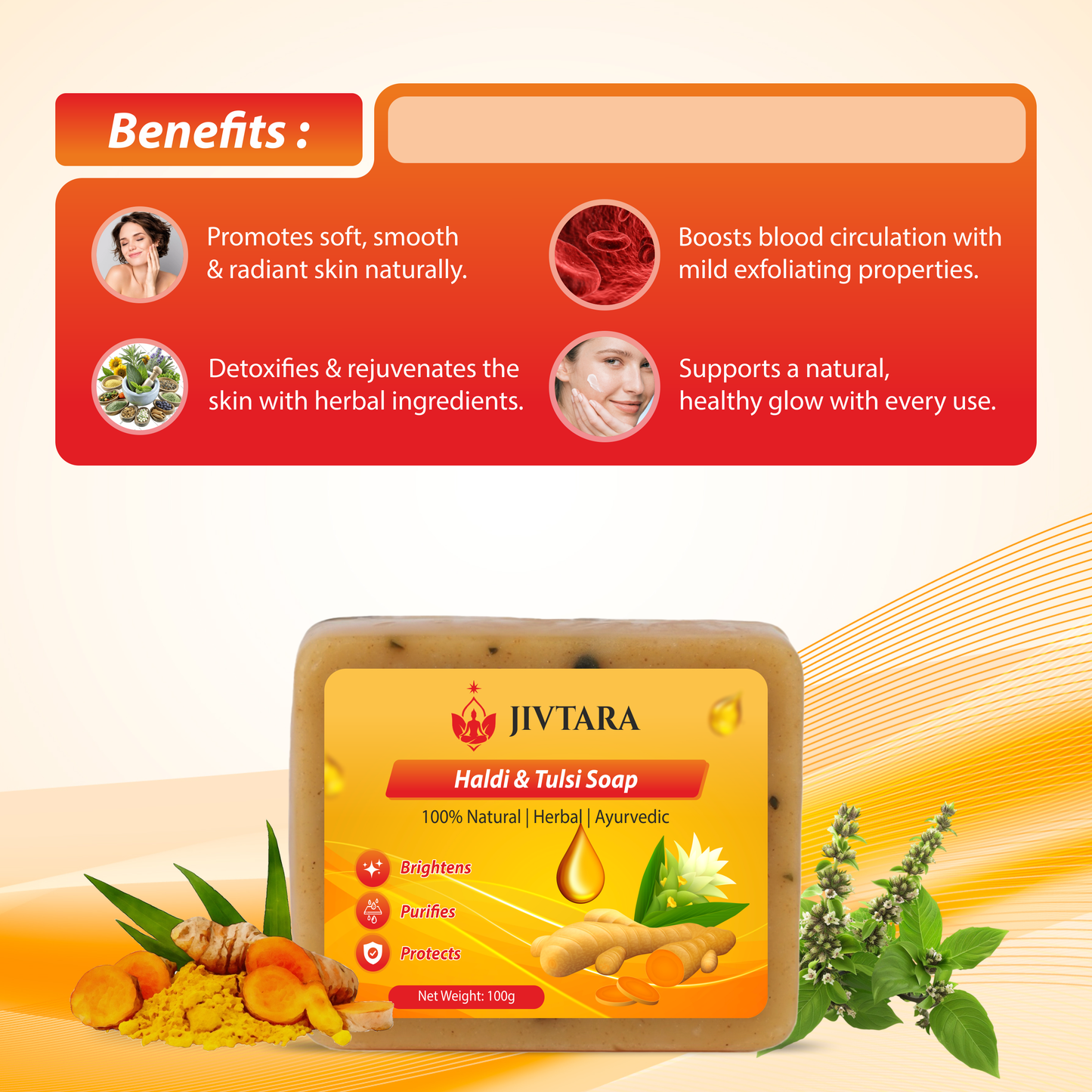 JIVTARA Haldi Tulsi Ayurvedic Bath Soap | Herbal Soap for Glowing Skin, Pimples & Tan Removal | Natural Turmeric & Holy Basil Soap Bar | Gentle Daily Face & Body Cleanser | Sulphate & Paraben Free