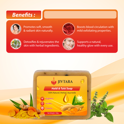 JIVTARA Haldi Tulsi Ayurvedic Bath Soap | Herbal Soap for Glowing Skin, Pimples & Tan Removal | Natural Turmeric & Holy Basil Soap Bar | Gentle Daily Face & Body Cleanser | Sulphate & Paraben Free