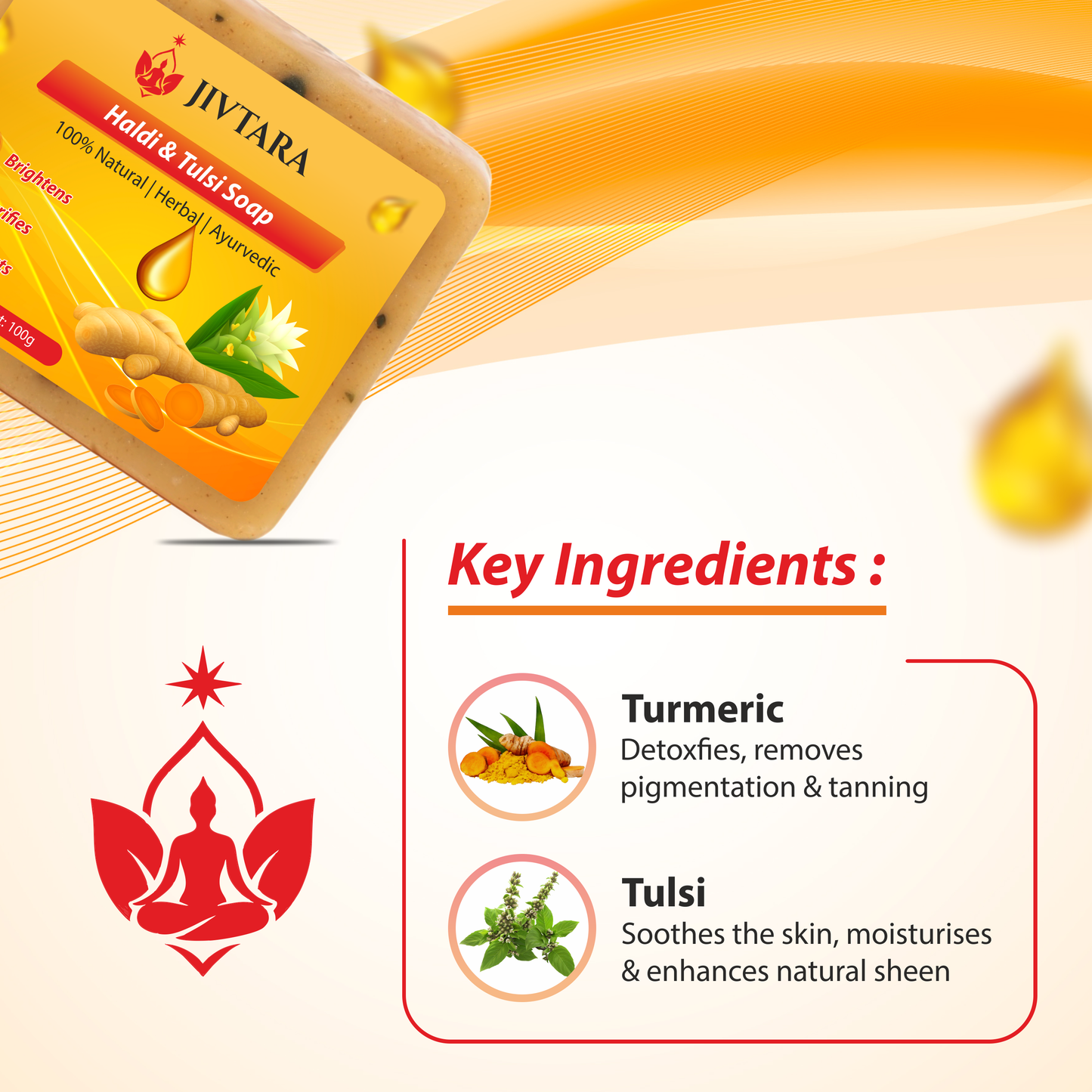 JIVTARA Haldi Tulsi Ayurvedic Bath Soap | Herbal Soap for Glowing Skin, Pimples & Tan Removal | Natural Turmeric & Holy Basil Soap Bar | Gentle Daily Face & Body Cleanser | Sulphate & Paraben Free