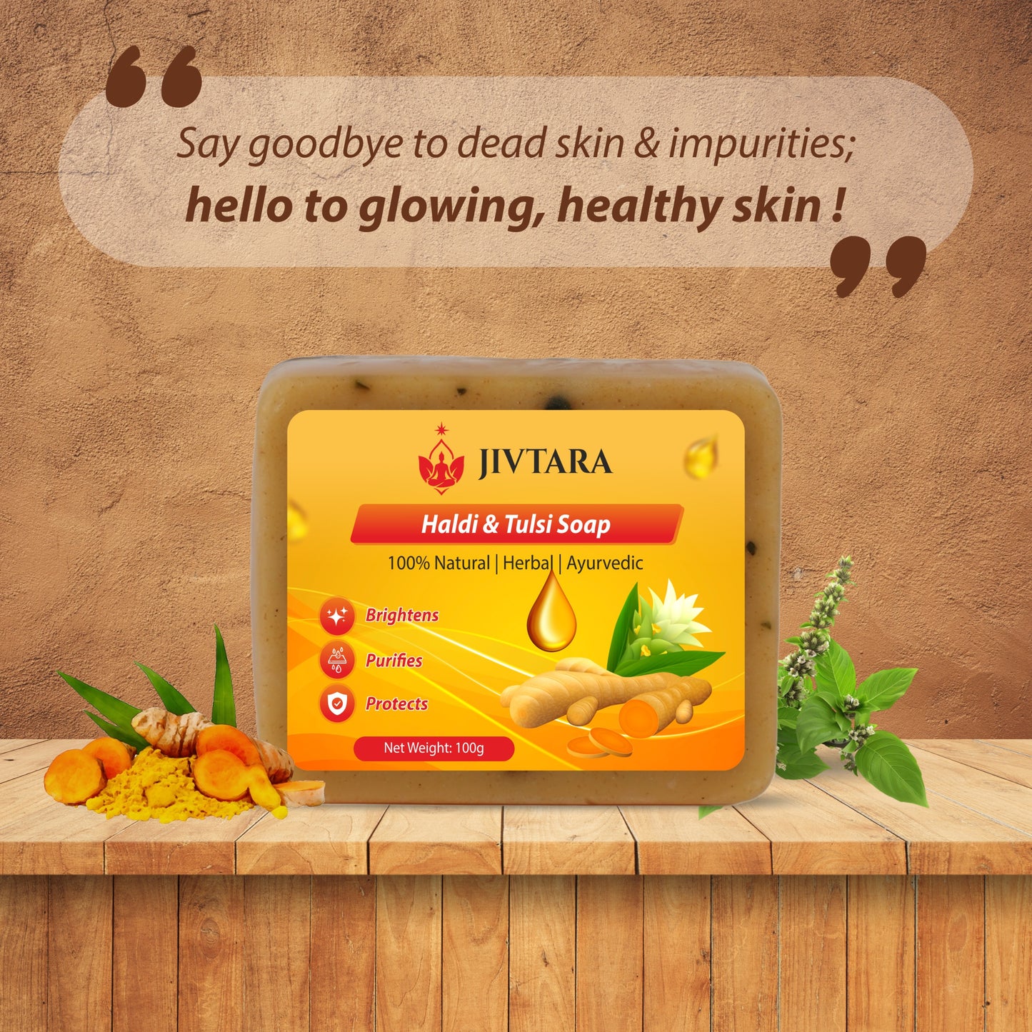 JIVTARA Haldi Tulsi Ayurvedic Bath Soap | Herbal Soap for Glowing Skin, Pimples & Tan Removal | Natural Turmeric & Holy Basil Soap Bar | Gentle Daily Face & Body Cleanser | Sulphate & Paraben Free